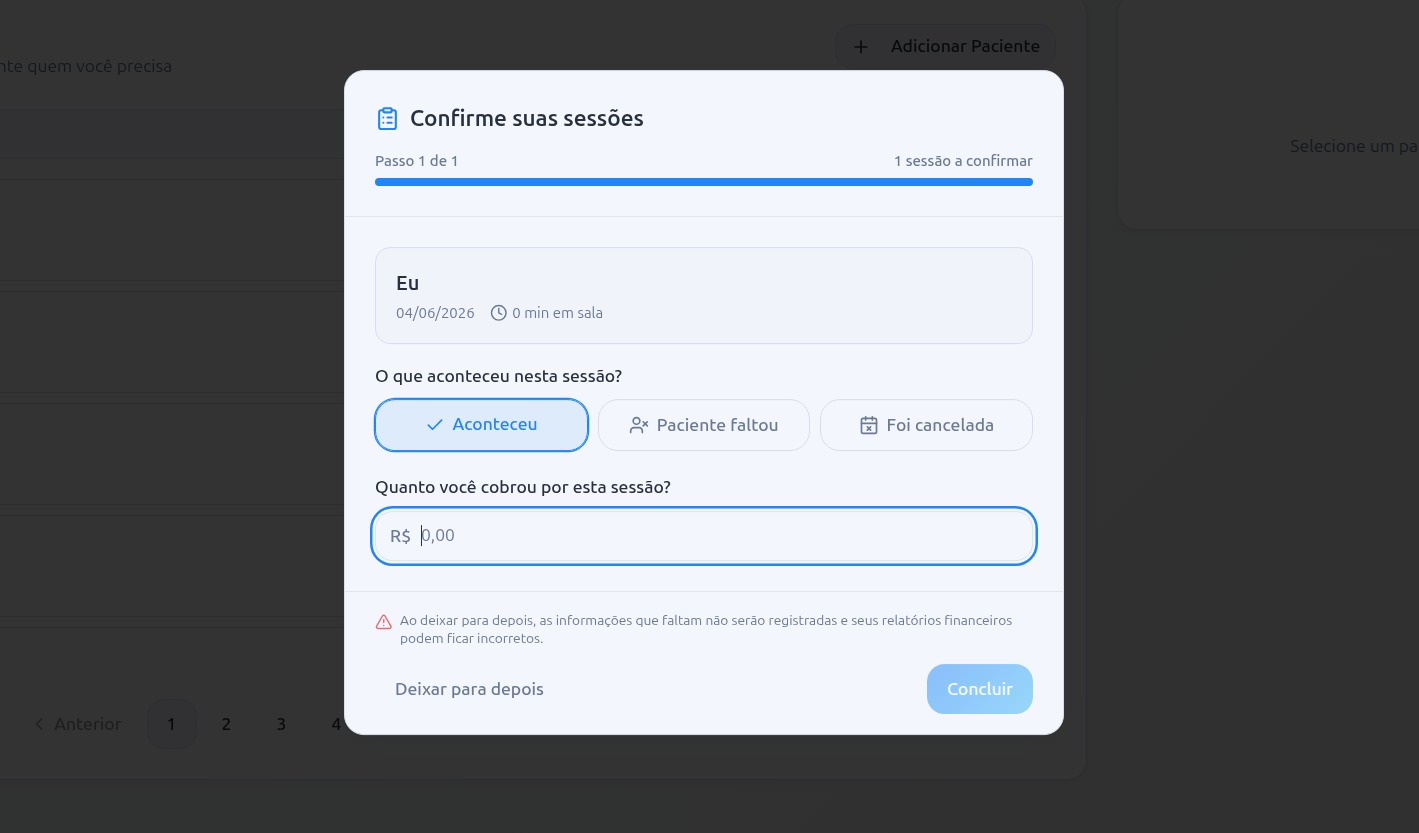 Confirmação de sessão realizada com opções de status e valor cobrado