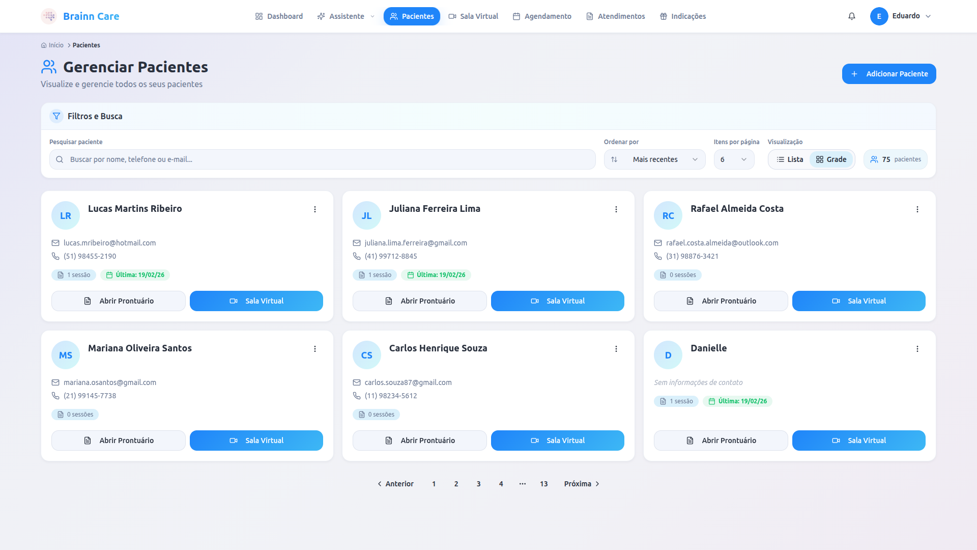 Nova tela de listagem de pacientes com ações rápidas — parte 1