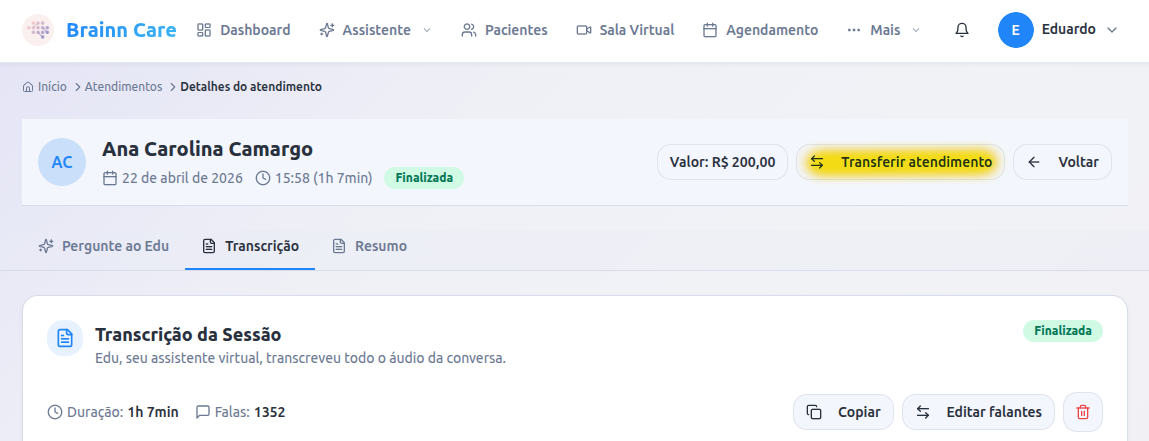 Transferência de sessão para o paciente correto — passo 1