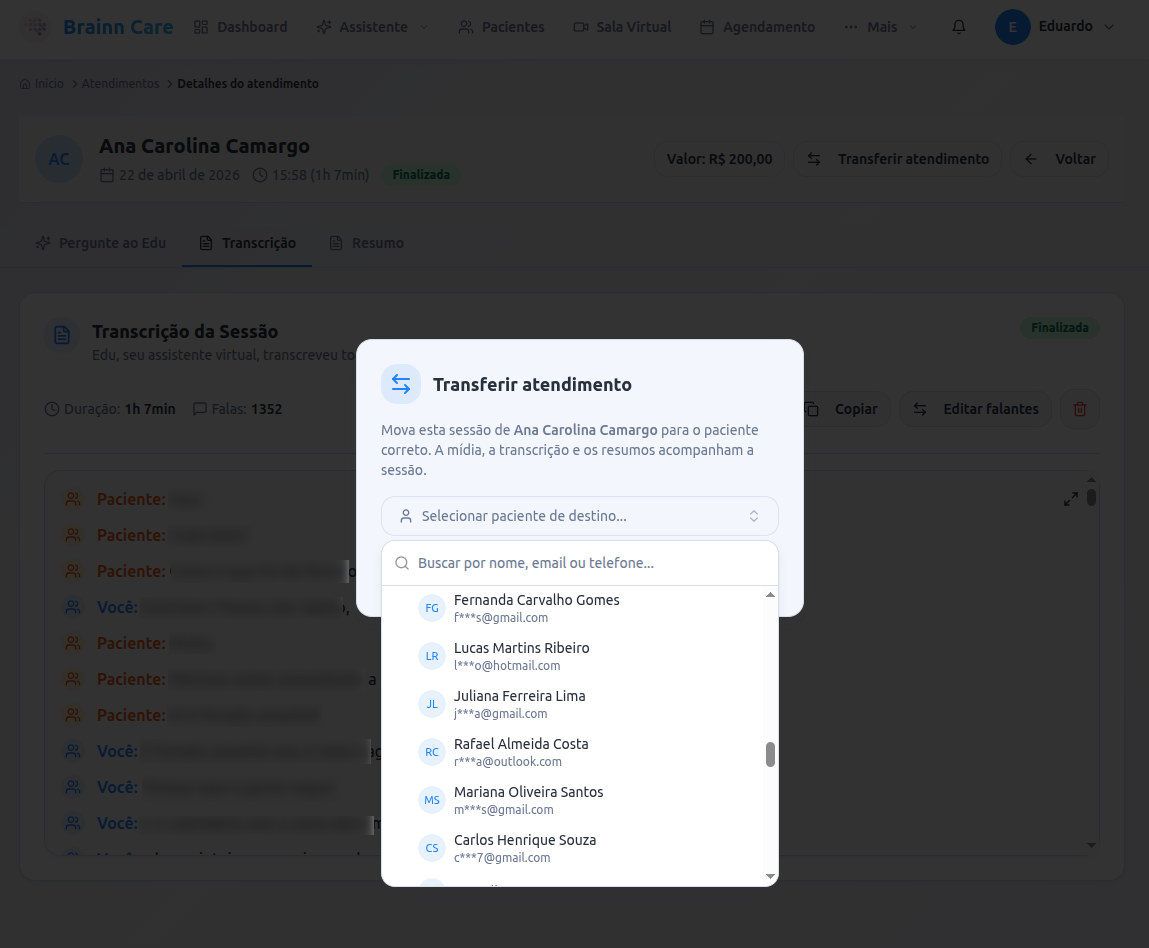 Transferência de sessão para o paciente correto — passo 2