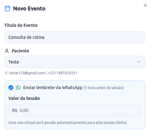 Modal de novo evento com opção de lembrete via WhatsApp ativada
